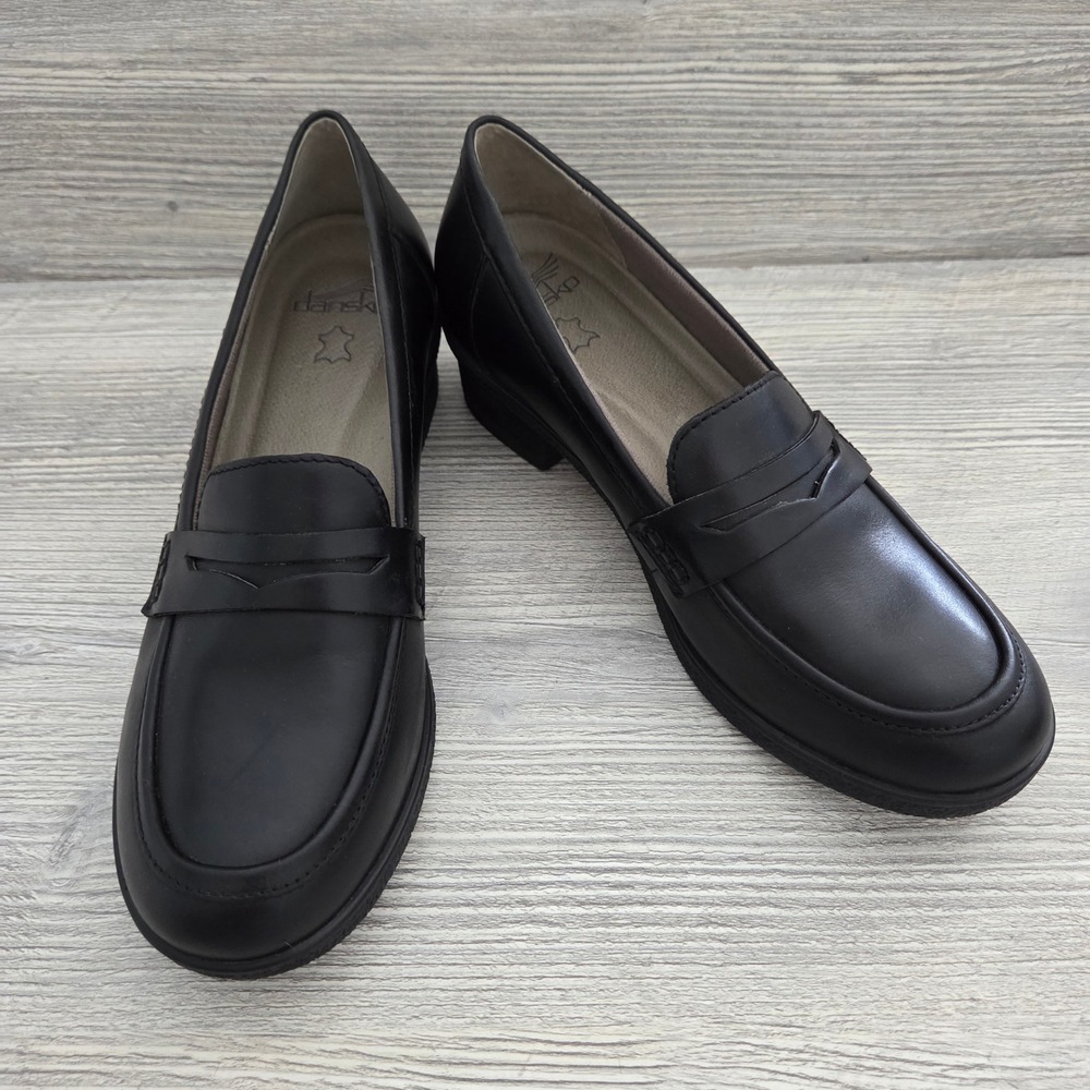 Dansko Penny Loafer Black Leather Block Heel Slip On Shoes Womens Size 39